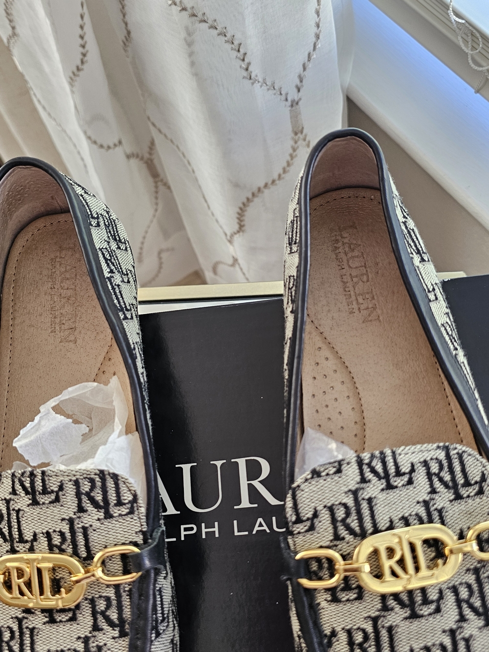 Ralph Lauren Black and Cream RL Monogram Loafers - Picture 2 of 4